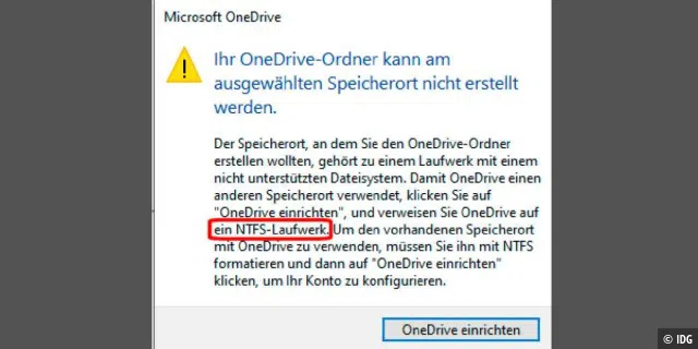 „Um den vorhandenen Speicherort mit OneDrive zu verwenden, müssen Sie ihn mit NTFS formatieren ...“: Microsofts Cloudspeicher verlangt auch beim Synchronisieren mobiler Datenträger eine NFTS-Formatierung.