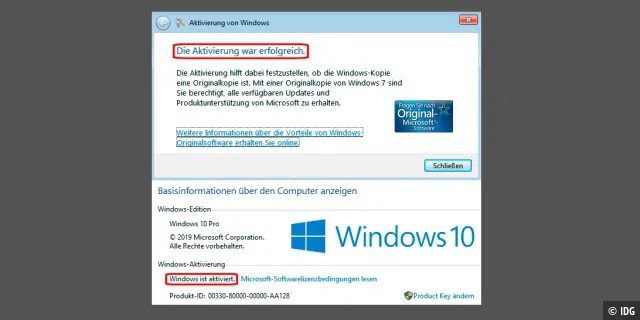 Trotz gegenteiliger Verlautbarung lässt sich ein PC mit regulärer Windows-7-Lizenz (oben) weiterhin kostenlos auf Windows 10 upgraden und aktivieren (unten).
