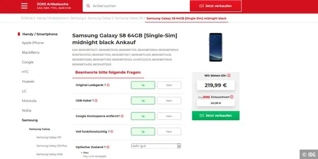 Die Ankauf-Webseite Zoxs zahlt am meisten für ein gebrauchtes Galaxy S8.