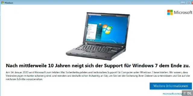 Verdienter Ruhestand nach 10 Jahren: Microsoft blendet unter Windows 7 bereits seit einiger Zeit Meldungen ein, die auf das Supportende am 14. Januar 2020 hinweisen und den Umstieg auf Windows 10 empfehlen.