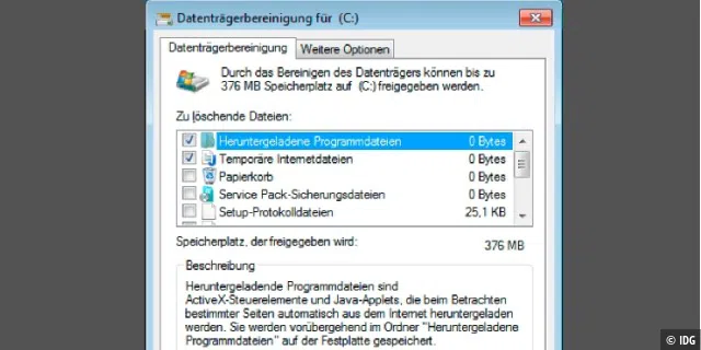 Windows aufräumen: Vor dem Umzug in eine virtuelle Maschine sollten Sie überflüssige Dateien löschen. Dabei hilft die Datenträgerbereinigung.