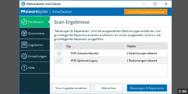 Die Freeware Adwcleaner findet und beseitigt Adware in Windows sehr zuverlässig. Bevor das Tool Änderungen am System vornimmt, erstellt es ein Backup der Registry.
