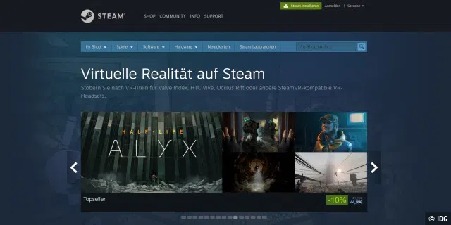 Auf der Steam-Plattform gibt es eine eigene Rubrik, in der Sie nur VR-Spiele finden. Das Highlight ist aktuell das Rhythmusspiel Beat Saber, aber auch neue Spiele wie Half-Life Alyx sind zum Veröffentlichungstermin verfügbar.