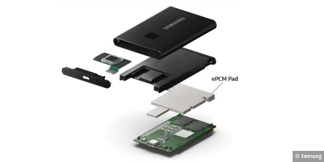 Spezielle Materialien (ePCM) speichern bei der Samsung Portable SSD T7 Touch 1 TB die Energie als Wärme und halten die externe SSD so im moderaten Temperaturbereich.