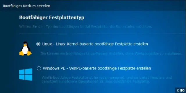 So erstellen Sie das Bootmedium für den Notfall: Als Basis stehen Linux und Windows PE zur Auswahl (im Bild), als physisches Medium eine CD beziehungsweise eine DVD oder ein USB-Datenträger.