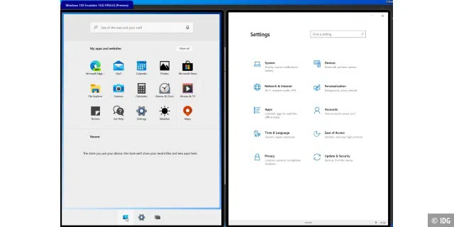 Windows 10X: Links das Start-Menü und rechts die Einstellungen