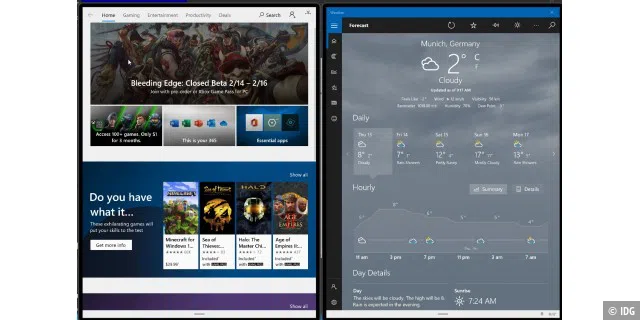 Windows 10X: Microsoft Store (links) und Wetter-App (rechts)