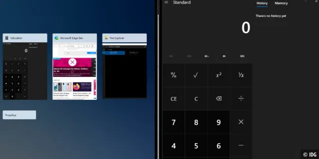 Windows 10X: Task View (links) und Taschenrechner-App (rechts)