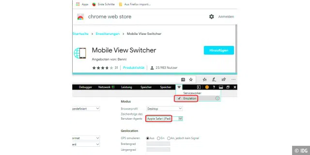 Im PC-Browser lassen sich andere Geräte simulieren: in Chrome und Firefox über das Add-on „Mobile View Switcher“ (oben), in Edge über die Entwickleroptionen.