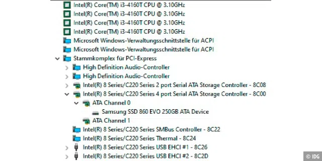 Mit dem Geräte-Manager von Windows finden Sie heraus, wie die SSD im System angebunden ist: Haben Sie ein 2,5-Zoll-Laufwerk, ist es am SATA-Controller angeschlossen.