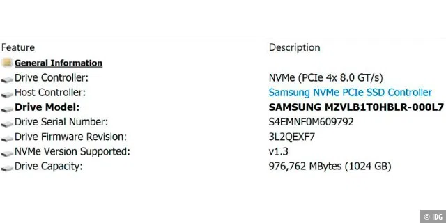 Das Systemtool Hwinfo zeigt Ihnen, mit wie vielen PCI-Express-Lanes eine NVMe-SSD in Ihrem System angebunden ist: In diesem Beispiel nutzt eine Samsung-SSD vier Lanes mit PCI-Express 3.0.