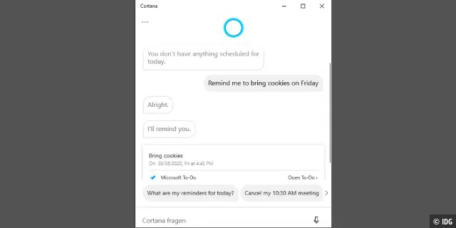 Neue Cortana-Version: Die Sprachassistentin zeigt sich jetzt in einem Fenster, das sich auf dem Bildschirm verschieben lässt. Das ermöglicht einen ständigen Blick auf den Chat.