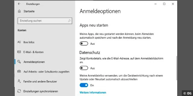 Ohne Autostart: Wer den automatischen Start einiger Anwendungen nach der Windows-Anmeldung unterbinden möchte, belässt den Schalter unter „Apps neu starten“ auf „Aus“.