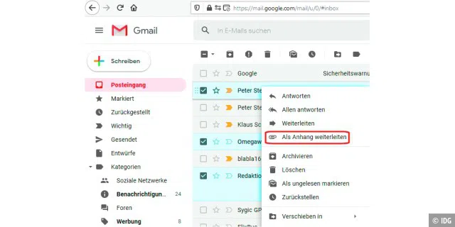 Auch mit Gmail können Sie nun mehrere Mails zusammenfassen und diese gesammelt weiterleiten. Die ursprünglichen Mails erscheinen dabei als Anhänge.