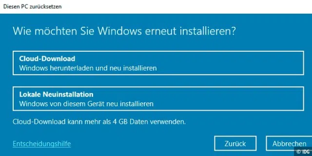 Neu in Windows 10 Version 2004: Bei der Wiederherstellung per Cloud-Download nutzt Windows frische Dateien und Updates. Dadurch lassen sich Fehler vermeiden, die defekte Systemdateien verursachen können.