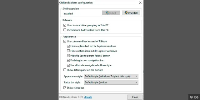 Über das Konfigurationsfenster des Tools OldNewExplorer stellen Sie detailliert ein, welche Elemente des Windows- 7-Explorers Sie in Windows 10 übernehmen wollen.