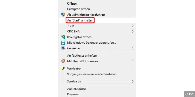 Über den Kontextmenü-Befehl „An ‚Start‘ anheften“ nehmen Sie beliebige Anwendungen als Kacheln ins Startmenü von Windows 10 auf.