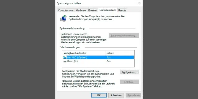 In Windows 10 ist die Systemwiederherstellung in der Voreinstellung deaktiviert und muss zunächst eingeschaltet werden.