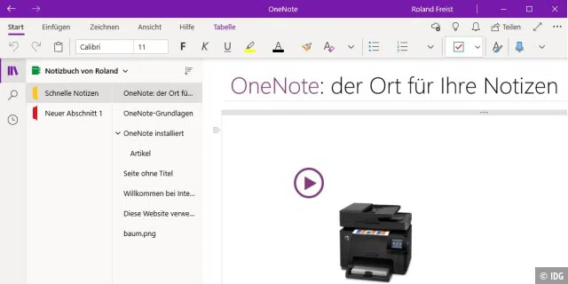 Microsoft Onenote erlaubt genau wie Evernote ein schnelles Drag & Drop der Bilder und Texte auf einer Website auf einen der digitalen Notizzettel des Programms.