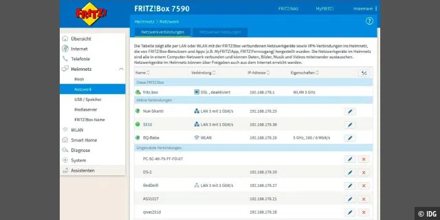 Unter „Aktive Verbindungen“ listet die Fritzbox im Einstellungsmenü unter „Heimnetz –› Netzwerk –› Netzwerkverbindungen“ alle derzeit im Heimnetz angemeldeten LAN- und WLAN-Geräte auf.