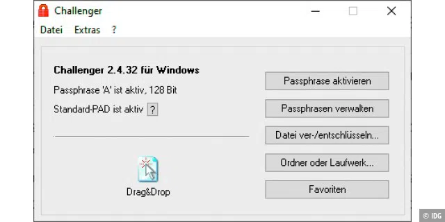 Nach dem Start des Verschlüsselungsprogramms Challenger können Sie Dateien und Ordner per Drag & Drop auf das Tool verschlüsseln.