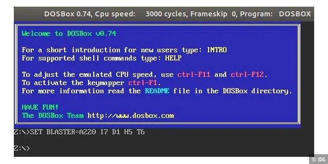 Am DOS-Prompt: Dosbox startet einen reduzierten DOS-Emulator, mit dem sich Ordner des Linux-Hostsystems mit einem mount-Befehl als Laufwerk einhängen lassen.
