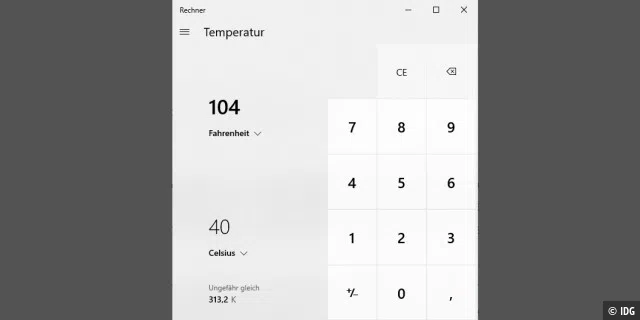 Der Taschenrechner von Windows eignet sich nicht nur für mathematische Berechnungen, sondern ist auch ein praktisches Hilfsmittel für die Umrechnung von Einheiten, etwa von Fahrenheit in Celsius.