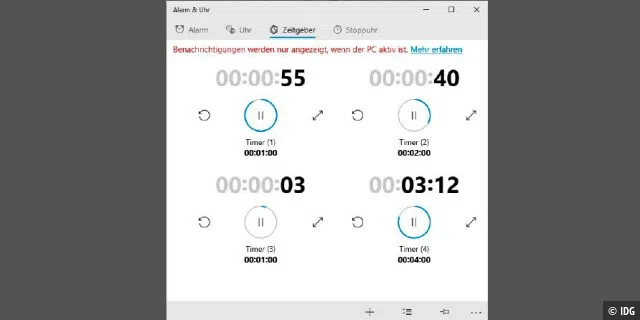 Die App „Alarm & Uhr“ startet bei Bedarf mehrere Countdowns, die beispielsweise beim Einhalten von Garzeiten oder beim Timen mehrerer aufeinanderfolgender Aufgaben helfen.