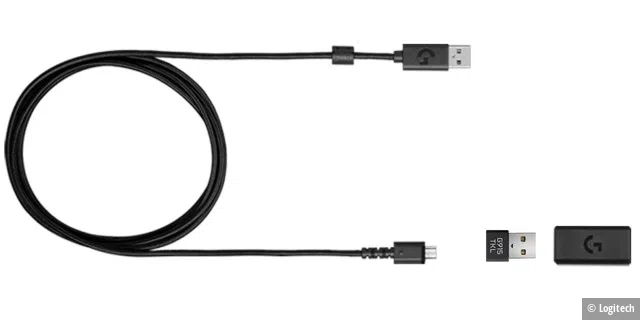 Mitgeliefert werden ein Micro-USB-Anschlusskabel, ein USB-Adapter und der Lightspeed-USB-Dongle.