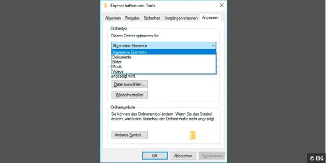 Ordneransicht festlegen: Wie der Windows-Explorer den Ordnerinhalt darstellt, lässt sich auf der Registerkarte „Anpassen“ bestimmen. Es stehen mehrere Vorlagen zur Verfügung.
