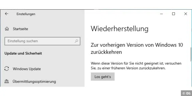 Rettungsanker: Sollte Windows 10 nach dem Funktionsupdate Probleme bereiten, kehren Sie zur vorherigen Version zurück. Dafür haben Sie 10 bis 60 Tage Zeit.