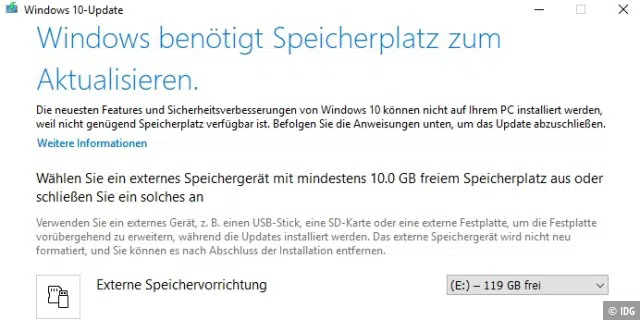 Nicht genug Speicherplatz: Sollte der Platz auf der Festplatte oder dem Flash-Speicher nicht ausreichen, kann Windows für das Update auch einen USB-Stick verwenden.