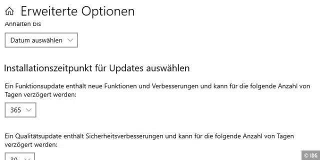 Aufgeschoben ist nicht aufgehoben: Funktionsupdates lassen sich in Windows 10 Pro bis zu 365 Tage verzögern. Ist das Supportende überschritten, muss das Update trotzdem erfolgen.