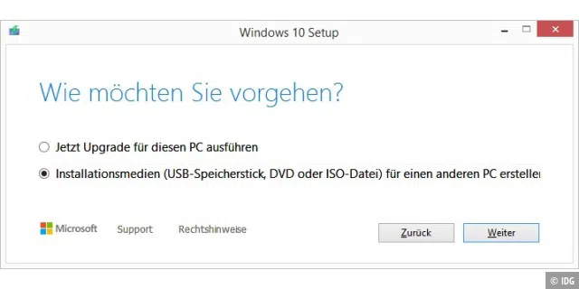 Freie Wahl: Das Microsoft Media Creation Tool führt zum Funktionsupdate wie der Windows Update Assistent. Sie können damit aber auch das Setup-Medium herunterladen.