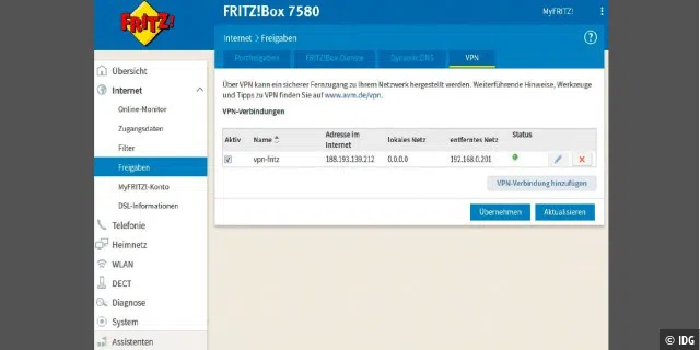 In der Fritzbox können Sie unter „Internet –› Freigaben“ einen VPN-Server in der Fritzbox aktivieren. Zusammen mit dem DynDNS-Dienst Myfritz können Sie so eine Verbindung aus dem Internet nach Hause aufbauen.