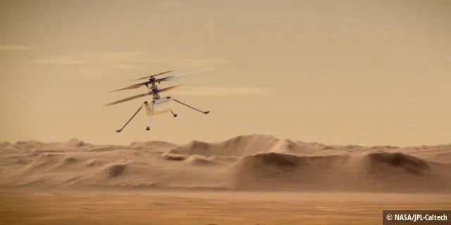 So soll der Ingenuity Mars Helicopter während des Flugs aussehen.