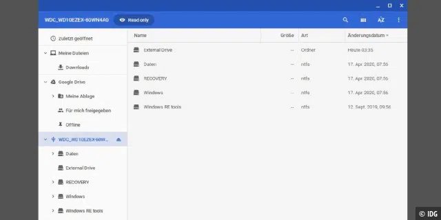 Mit dem Dateimanager von Chrome OS hat man Zugriff nicht nur auf die Dateien auf dem eigenen Rechner, sondern auch auf die Inhalte, die auf Google Drive gespeichert oder übers Heimnetzwerk freigegeben sind.