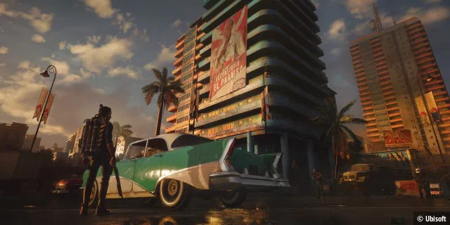 Schon dieser Screenshot zeigt richtige Hochhäuser: Far Cry 6 lässt uns nicht nur im Dschungel und Strand kämpfen, sondern auch in der Vertikalen.