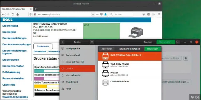 Anmelden eines Netzwerkdruckers: Das Linux-System wie hier Ubuntu findet den Drucker – sofern online – automatisch im Netzwerk und installiert einen passenden Treiber.