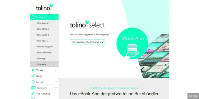 Mini-Flatrate statt Einzelkauf: Tolino Select ist eine von mehreren „Bücher-Flatrates“, bei denen man für knapp zehn Euro pro Monat diverse Titel lesen kann.