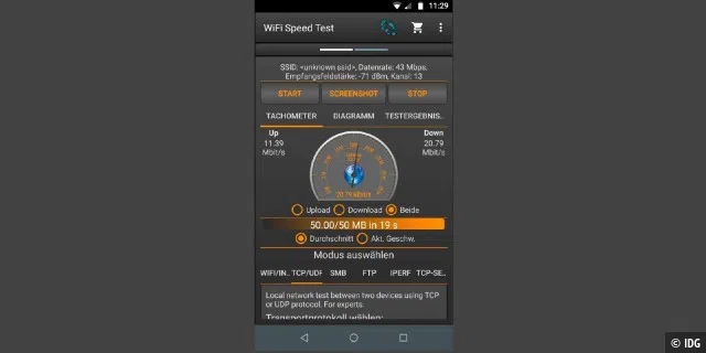 WiFi Speed Test ist ein kleines Tool, das sowohl die Geschwindigkeit der Internetverbindung als auch des WLANs testen kann. In der kostenpflichtigen Pro-Version kann es auch mit dem populären Netzwerktest Iperf zusammenarbeiten.