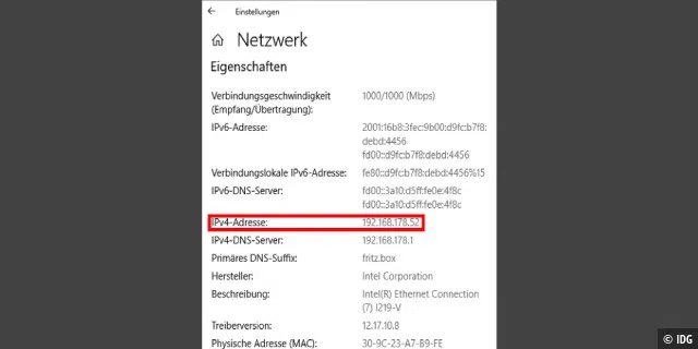 Die aktuelle IP-Adresse Ihres Ethernet- oder WLAN-Anschlusses finden Sie auch in den „Eigenschaften“ von Windows.