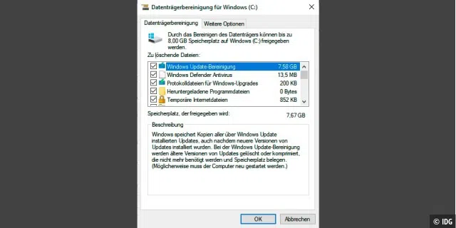 Der Ordner „Winsxs“ unterhalb von Windows wird schnell etliche GB groß. Darin befinden sich jedoch einige doppelte Systemdateien. Mit der Funktion „Datenträgerbereinigung“ entfernen Sie die Doppelgänger.