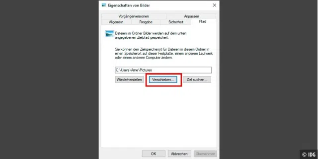 Schon seit Windows XP lassen sich die einzelnen Standardordner wie „Fotos“ oder „Musik“ per Eigenschaften- Dialog im Kontextmenü auf ein anderes Laufwerk verschieben.