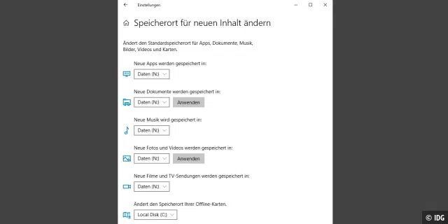 In den Einstellungen von Windows 10 können Sie festlegen, auf welchem Laufwerk alle künftig erstellten Dateien gespeichert werden. So erzeugen Sie weitere Standardordner, etwa für Fotos oder Dokumente.