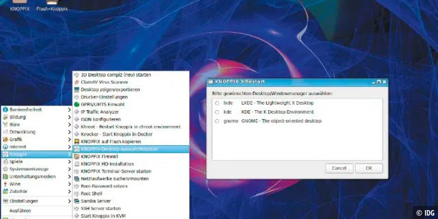 Der schlanke LXDE-Desktop ist Knoppix-Standard. Als Alternativen sind Gnome und KDE an Bord, wobei uns Gnome aus mehreren Gründen für ein Knoppix-Livesystem ungeeignet erscheint.