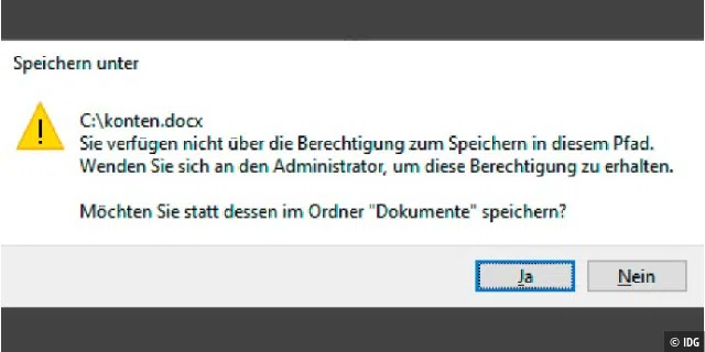 Wenn Sie eine Datei in einem Systemordner speichern wollen, zeigt Windows diese Meldung an. Das gilt auch, wenn Sie zur Gruppe der Administratoren gehören.