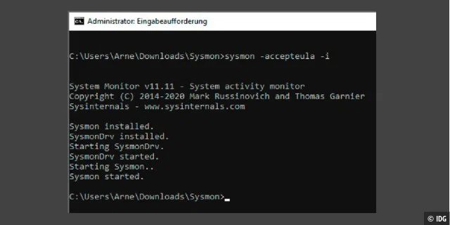 So sieht der Installationsbefehl von Sysmon auf einem 32-Bit-System aus. Wenn Sie ein 64-Bit-System nutzen, verwenden Sie den Befehl sysmon64. Der Parameter i steht für „install“, und „accepteula“ nickt die Lizenzbestimmung ab.