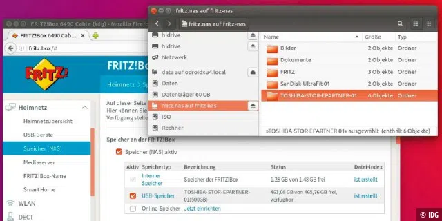 Fritz-Datenserver auf der Konfigurationsoberfläche und im Dateimanager: Die Freigabe eines USB-Datenträgers im Fritz-NAS ist einfacher als jede Serverlösung.