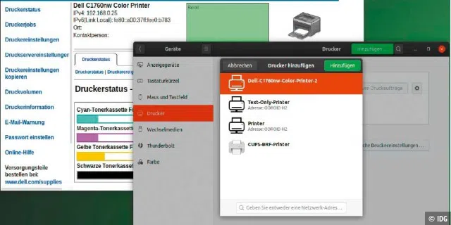 Anmelden eines Netzwerkdruckers: Das Linux-System wie hier Ubuntu findet den Drucker – sofern online – automatisch im Netzwerk und installiert einen passenden Treiber.